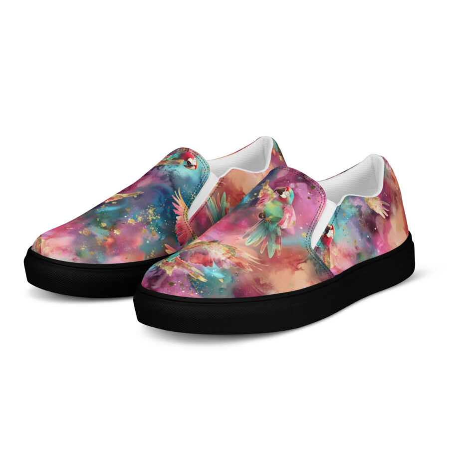 Macaw Slips - black sole, left front view
