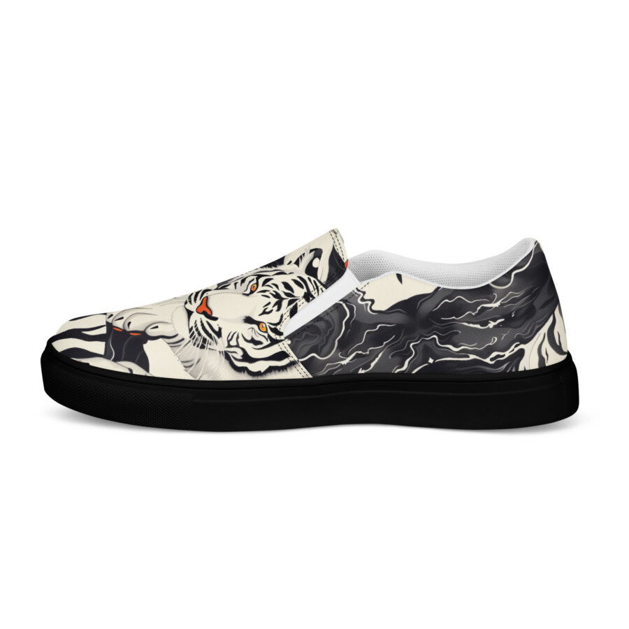 White Tiger Slips - black sole, left outside view
